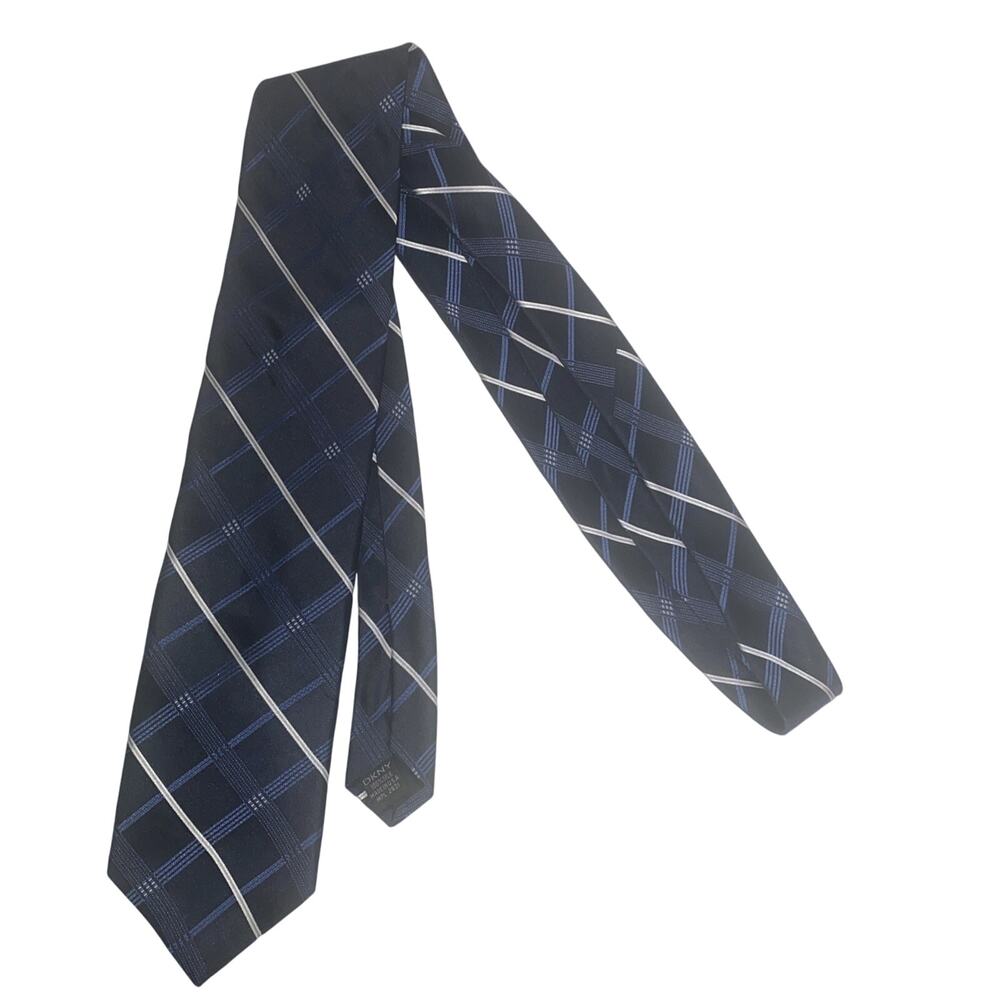 DKNY Men's Black Blue White Plaid 100% Silk Necktie 60”x3.25”